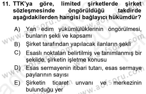 Şirketler Muhasebesi Dersi 2015 - 2016 Yılı Tek Ders Sınav Soruları 11. Soru