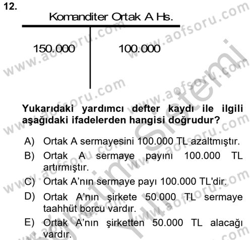 Şirketler Muhasebesi Dersi 2016 - 2017 Yılı 3 Ders Sınav Soruları 12. Soru
