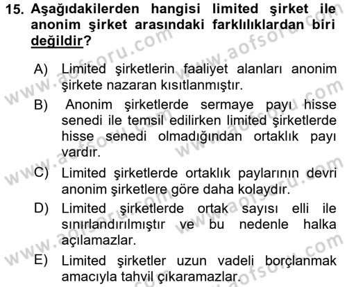 Şirketler Muhasebesi Dersi 2016 - 2017 Yılı 3 Ders Sınav Soruları 15. Soru