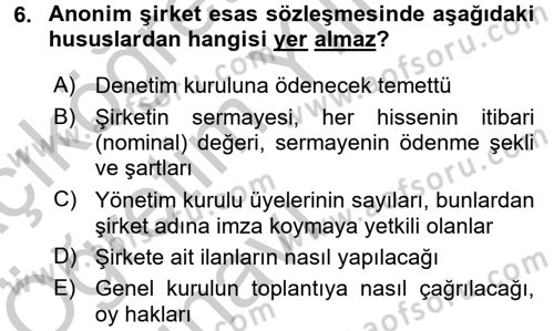 Şirketler Muhasebesi Dersi 2016 - 2017 Yılı 3 Ders Sınav Soruları 6. Soru