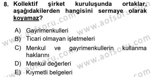 Şirketler Muhasebesi Dersi 2016 - 2017 Yılı 3 Ders Sınav Soruları 8. Soru