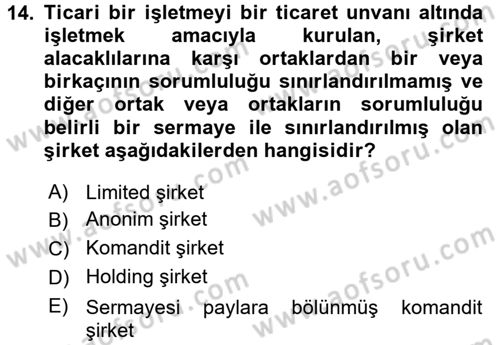 Şirketler Muhasebesi Dersi 2016 - 2017 Yılı (Vize) Ara Sınav Soruları 14. Soru