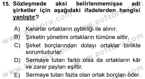 Şirketler Muhasebesi Dersi 2016 - 2017 Yılı (Vize) Ara Sınav Soruları 15. Soru