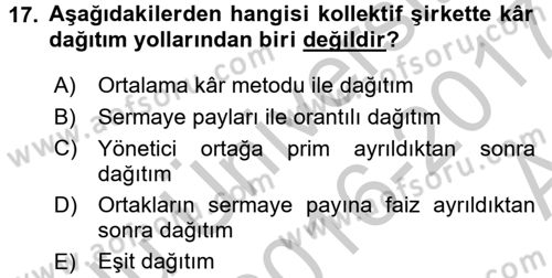 Şirketler Muhasebesi Dersi 2016 - 2017 Yılı (Vize) Ara Sınav Soruları 17. Soru