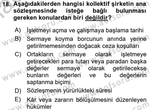 Şirketler Muhasebesi Dersi 2016 - 2017 Yılı (Vize) Ara Sınav Soruları 18. Soru