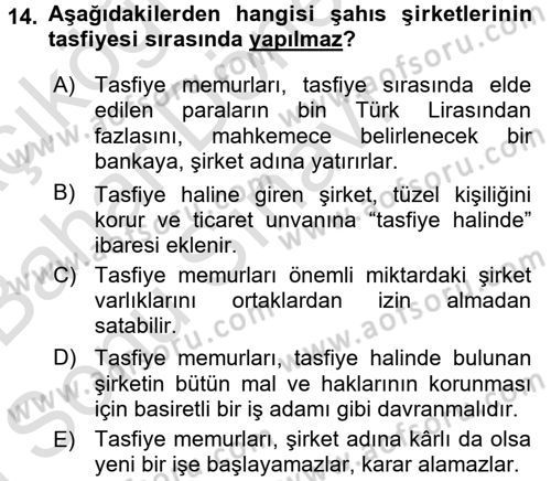 Şirketler Muhasebesi Dersi 2016 - 2017 Yılı (Final) Dönem Sonu Sınav Soruları 14. Soru