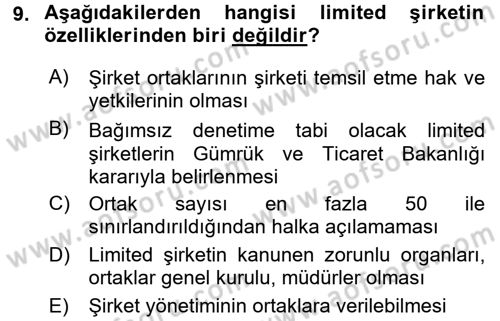 Şirketler Muhasebesi Dersi 2016 - 2017 Yılı (Final) Dönem Sonu Sınav Soruları 9. Soru