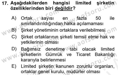 Şirketler Muhasebesi Dersi 2017 - 2018 Yılı 3 Ders Sınav Soruları 17. Soru