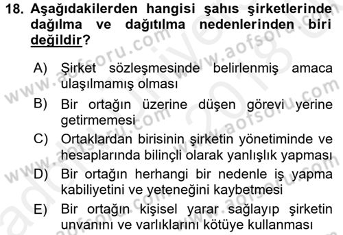 Şirketler Muhasebesi Dersi 2017 - 2018 Yılı 3 Ders Sınav Soruları 18. Soru