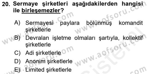 Şirketler Muhasebesi Dersi 2017 - 2018 Yılı 3 Ders Sınav Soruları 20. Soru