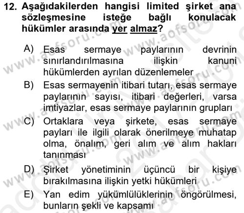 Şirketler Muhasebesi Dersi 2017 - 2018 Yılı (Vize) Ara Sınav Soruları 12. Soru
