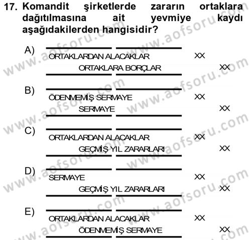 Şirketler Muhasebesi Dersi 2017 - 2018 Yılı (Vize) Ara Sınav Soruları 17. Soru