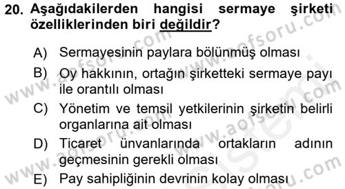 Şirketler Muhasebesi Dersi 2017 - 2018 Yılı (Vize) Ara Sınav Soruları 20. Soru