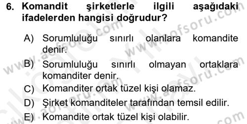 Şirketler Muhasebesi Dersi 2017 - 2018 Yılı (Vize) Ara Sınav Soruları 6. Soru