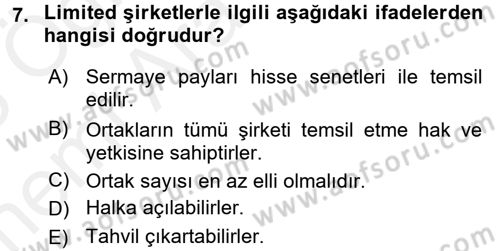 Şirketler Muhasebesi Dersi 2017 - 2018 Yılı (Vize) Ara Sınav Soruları 7. Soru