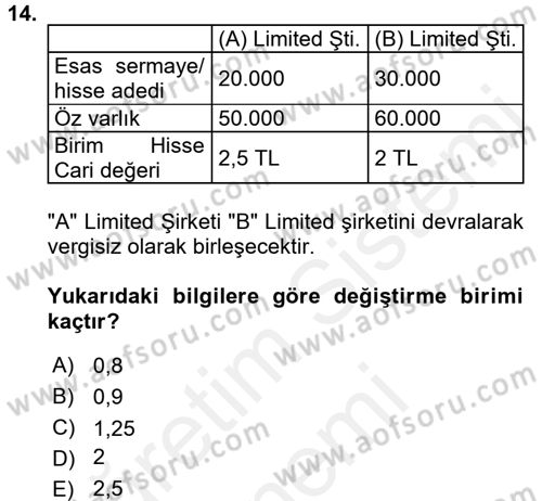 Şirketler Muhasebesi Dersi 2017 - 2018 Yılı (Final) Dönem Sonu Sınav Soruları 14. Soru