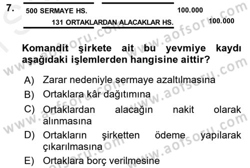 Şirketler Muhasebesi Dersi 2017 - 2018 Yılı (Final) Dönem Sonu Sınav Soruları 7. Soru