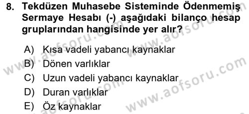 Şirketler Muhasebesi Dersi 2017 - 2018 Yılı (Final) Dönem Sonu Sınav Soruları 8. Soru