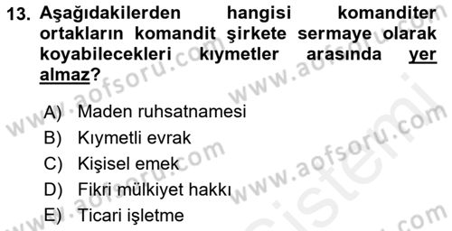 Şirketler Muhasebesi Dersi 2018 - 2019 Yılı (Vize) Ara Sınav Soruları 13. Soru
