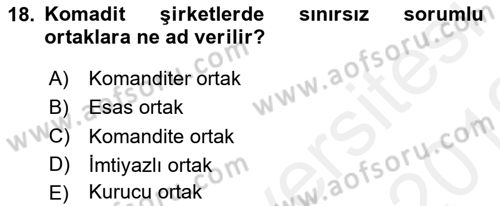 Şirketler Muhasebesi Dersi 2018 - 2019 Yılı (Vize) Ara Sınav Soruları 18. Soru