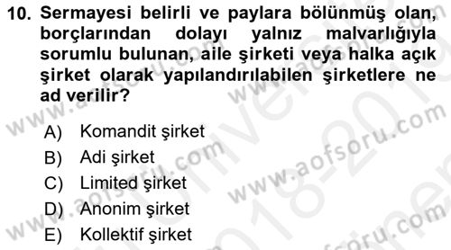 Şirketler Muhasebesi Dersi 2018 - 2019 Yılı (Final) Dönem Sonu Sınav Soruları 10. Soru