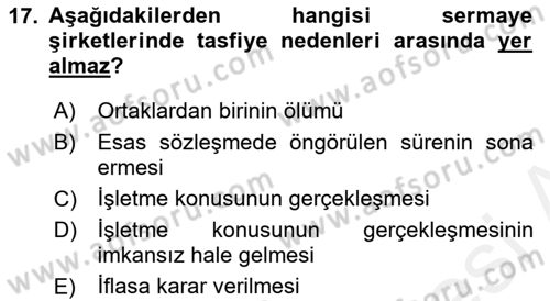 Şirketler Muhasebesi Dersi 2018 - 2019 Yılı (Final) Dönem Sonu Sınav Soruları 17. Soru