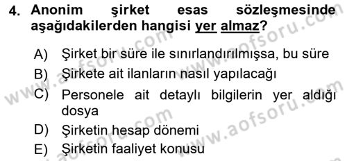 Şirketler Muhasebesi Dersi 2018 - 2019 Yılı (Final) Dönem Sonu Sınav Soruları 4. Soru