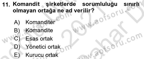 Şirketler Muhasebesi Dersi 2021 - 2022 Yılı (Vize) Ara Sınav Soruları 11. Soru