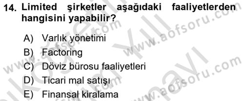 Şirketler Muhasebesi Dersi 2021 - 2022 Yılı (Vize) Ara Sınav Soruları 14. Soru