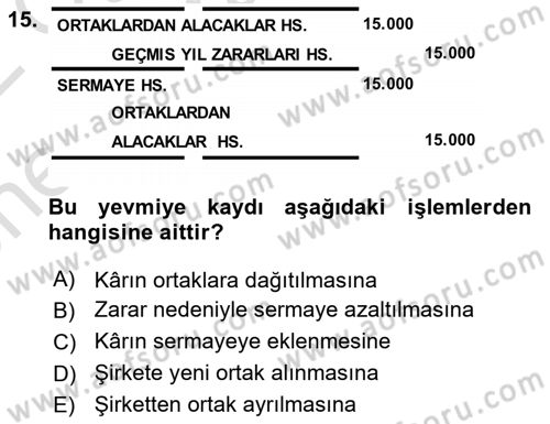 Şirketler Muhasebesi Dersi 2021 - 2022 Yılı (Vize) Ara Sınav Soruları 15. Soru