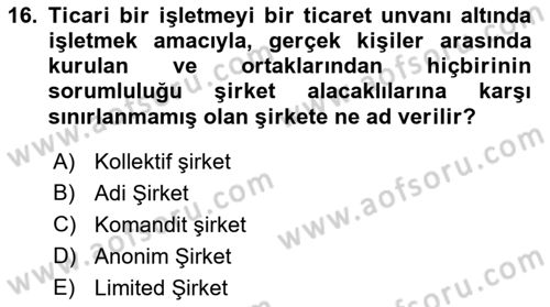 Şirketler Muhasebesi Dersi 2021 - 2022 Yılı (Vize) Ara Sınav Soruları 16. Soru