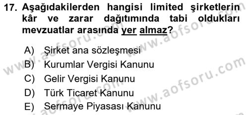 Şirketler Muhasebesi Dersi 2021 - 2022 Yılı (Vize) Ara Sınav Soruları 17. Soru
