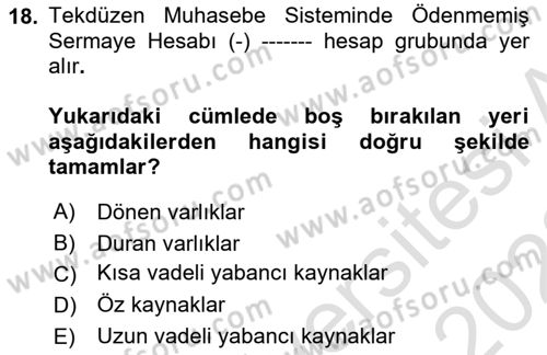 Şirketler Muhasebesi Dersi 2021 - 2022 Yılı (Vize) Ara Sınav Soruları 18. Soru