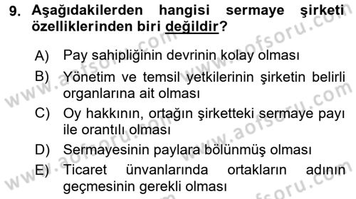 Şirketler Muhasebesi Dersi 2021 - 2022 Yılı (Vize) Ara Sınav Soruları 9. Soru