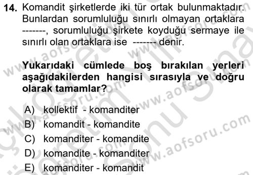 Şirketler Muhasebesi Dersi 2021 - 2022 Yılı (Final) Dönem Sonu Sınav Soruları 14. Soru