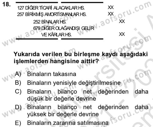 Şirketler Muhasebesi Dersi 2021 - 2022 Yılı (Final) Dönem Sonu Sınav Soruları 18. Soru