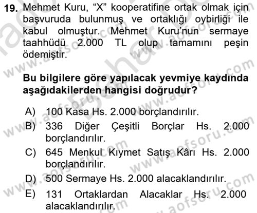 Şirketler Muhasebesi Dersi 2021 - 2022 Yılı (Final) Dönem Sonu Sınav Soruları 19. Soru