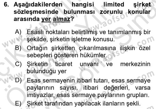 Şirketler Muhasebesi Dersi 2021 - 2022 Yılı (Final) Dönem Sonu Sınav Soruları 6. Soru
