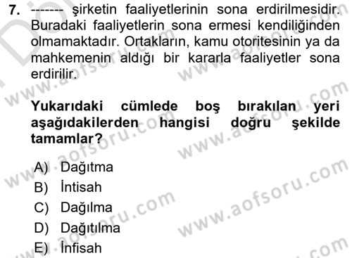 Şirketler Muhasebesi Dersi 2021 - 2022 Yılı (Final) Dönem Sonu Sınav Soruları 7. Soru