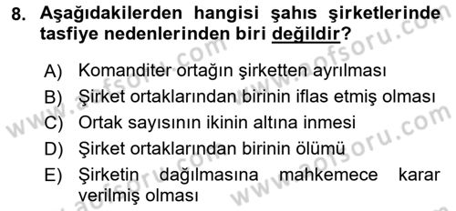 Şirketler Muhasebesi Dersi 2021 - 2022 Yılı (Final) Dönem Sonu Sınav Soruları 8. Soru