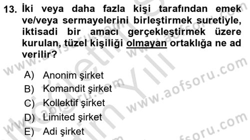 Şirketler Muhasebesi Dersi 2021 - 2022 Yılı Yaz Okulu Sınav Soruları 13. Soru