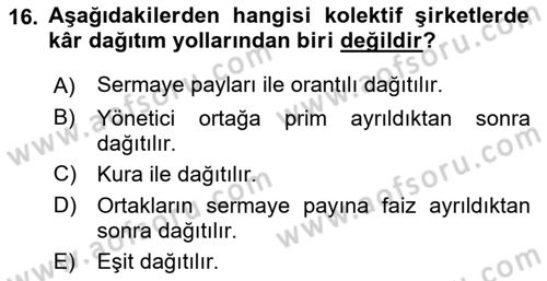 Şirketler Muhasebesi Dersi 2021 - 2022 Yılı Yaz Okulu Sınav Soruları 16. Soru