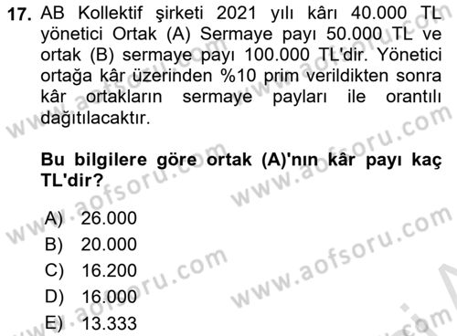 Şirketler Muhasebesi Dersi 2021 - 2022 Yılı Yaz Okulu Sınav Soruları 17. Soru