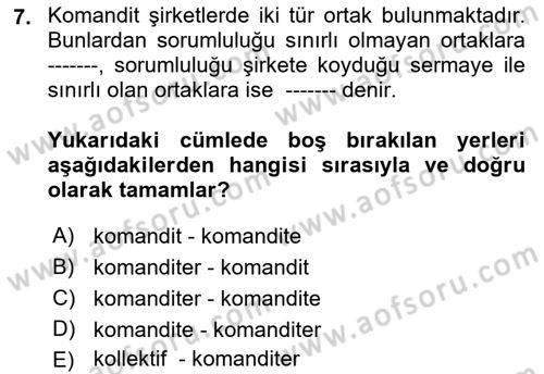 Şirketler Muhasebesi Dersi 2021 - 2022 Yılı Yaz Okulu Sınav Soruları 7. Soru