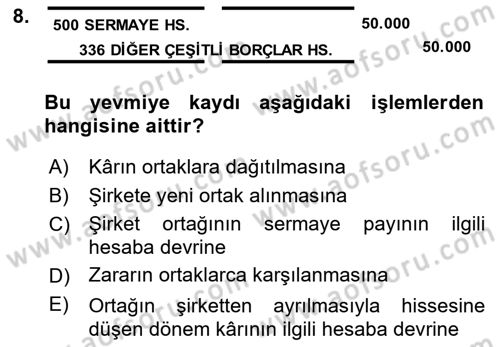 Şirketler Muhasebesi Dersi 2021 - 2022 Yılı Yaz Okulu Sınav Soruları 8. Soru
