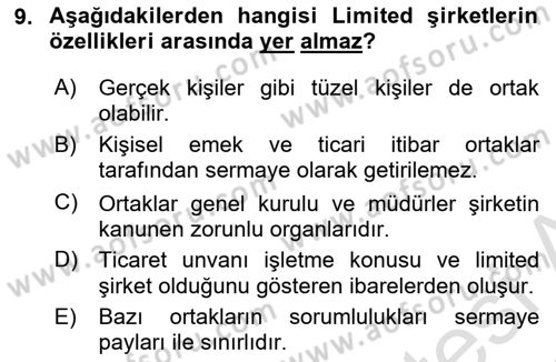 Şirketler Muhasebesi Dersi 2021 - 2022 Yılı Yaz Okulu Sınav Soruları 9. Soru