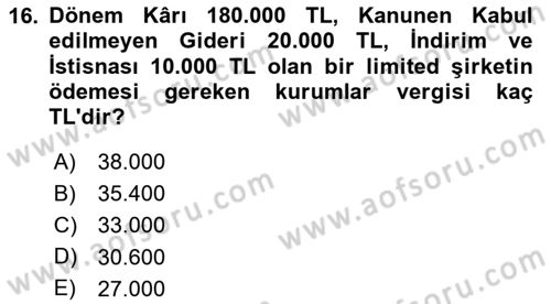 Şirketler Muhasebesi Dersi 2023 - 2024 Yılı (Vize) Ara Sınav Soruları 16. Soru