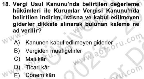 Şirketler Muhasebesi Dersi 2023 - 2024 Yılı (Vize) Ara Sınav Soruları 18. Soru