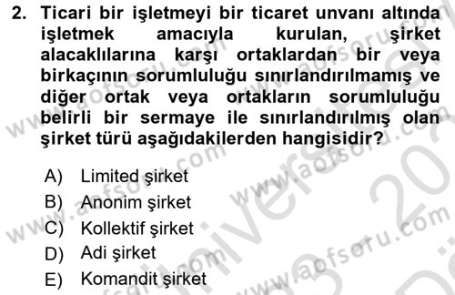 Şirketler Muhasebesi Dersi 2023 - 2024 Yılı (Vize) Ara Sınav Soruları 2. Soru