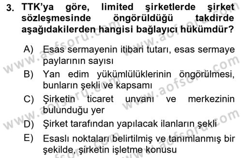 Şirketler Muhasebesi Dersi 2023 - 2024 Yılı (Vize) Ara Sınav Soruları 3. Soru